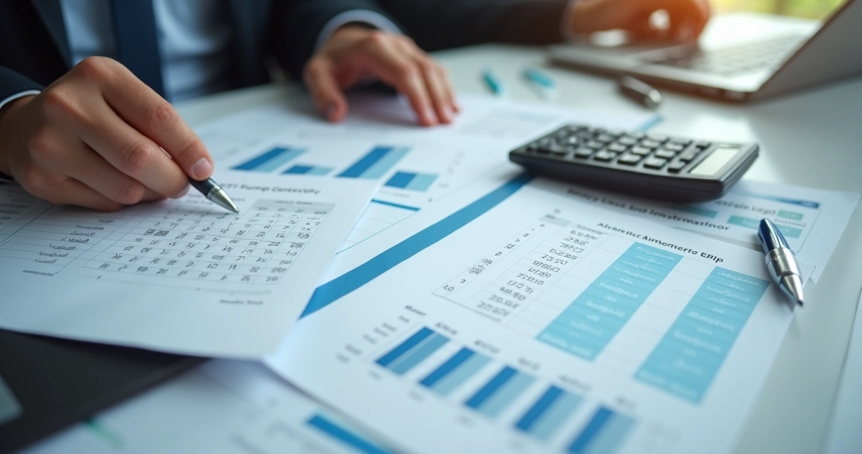 Planilhas e calculadora ao lado de gráfico de custos de ERP