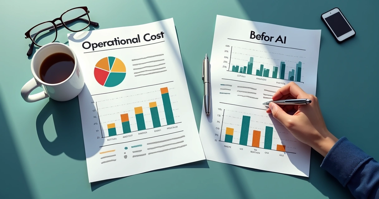 Comparação de custos operacionais antes e depois da IA com gráficos claros 