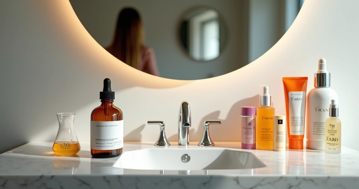 Comparação visual entre dermocosmético manipulado em frasco âmbar e produto industrial em embalagem colorida 