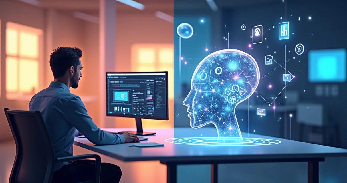 Modelos 3D mostrando confronto entre designer humano e inteligência artificial na criação gráfica 