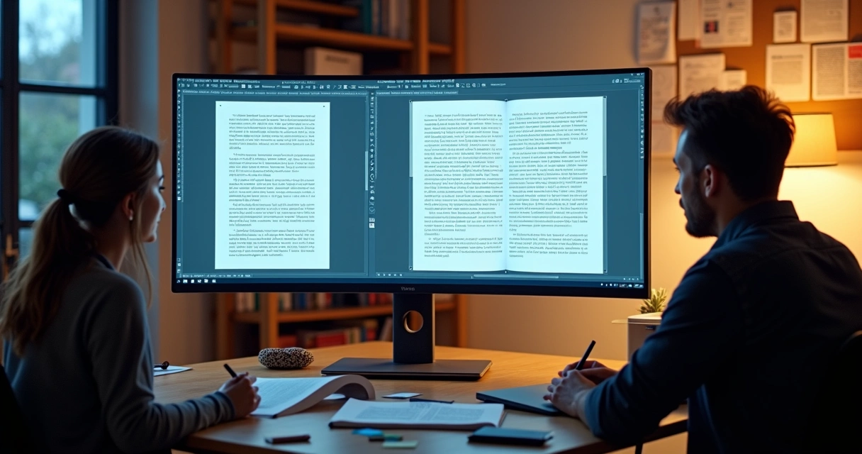 Tela dividida com designer e escritor comparando diagramação no Word e no InDesign 