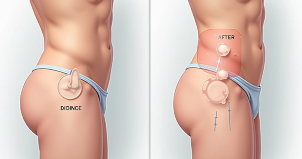 Comparação visual entre pênis masculino antes e depois do preenchimento peniano com ácido hialurônico, com marcação do aumento de circunferência. 