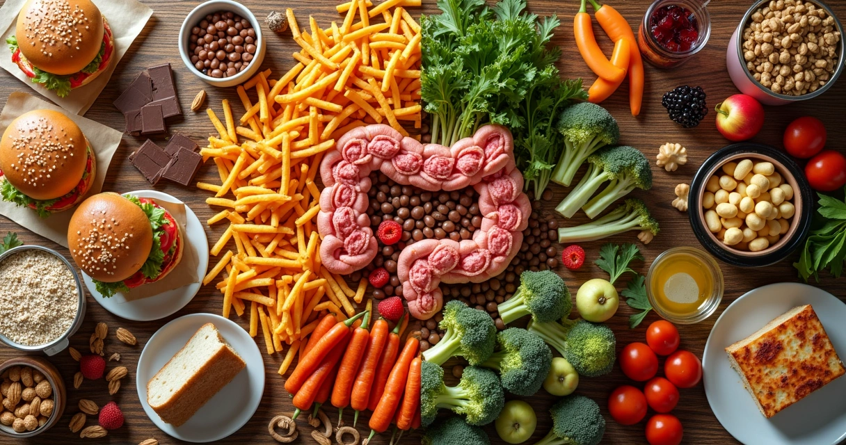 Mesa dividida com alimentos ultraprocessados de um lado e opções naturais do outro vista de cima 