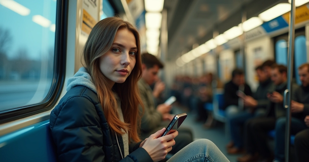 Pessoa em metrô observando feed de redes sociais enquanto mantém expressão tranquila ao afastar o celular 