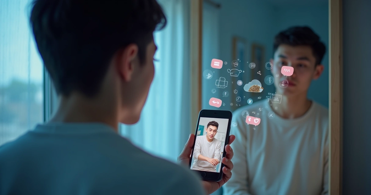 Pessoa olhando o celular diante de um espelho 