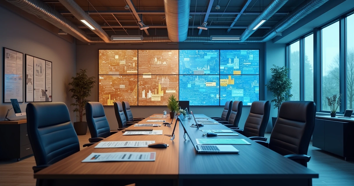 Comparação visual entre empresa de construção tradicional e digital 