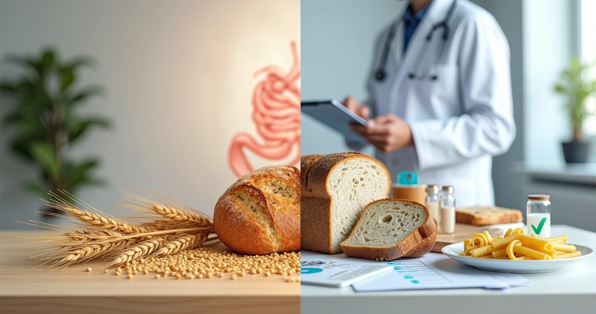 Metade de trigo comum e metade de pão sem glúten sobre uma mesa com símbolos médicos ao fundo 