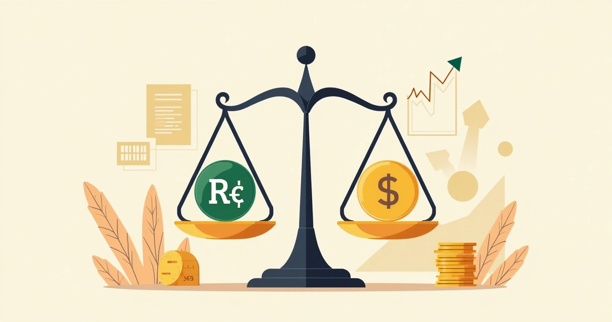 Comparação entre dólar e real em uma balança 