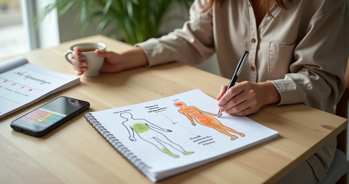 Mulher segurando figuras comparando dor menstrual e sinais de endometriose 