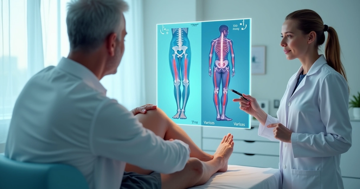 Ilustração comparando dores articulares no joelho e varizes na perna em consulta médica vascular 