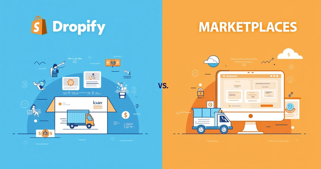Comparação visual entre Dropify e marketplaces, destacando opções de frete e custos com ícones representativos.