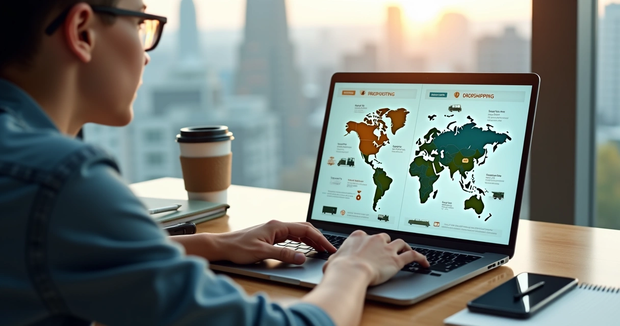 Empreendedor analisando comparação entre dropshipping nacional e internacional na tela do notebook 