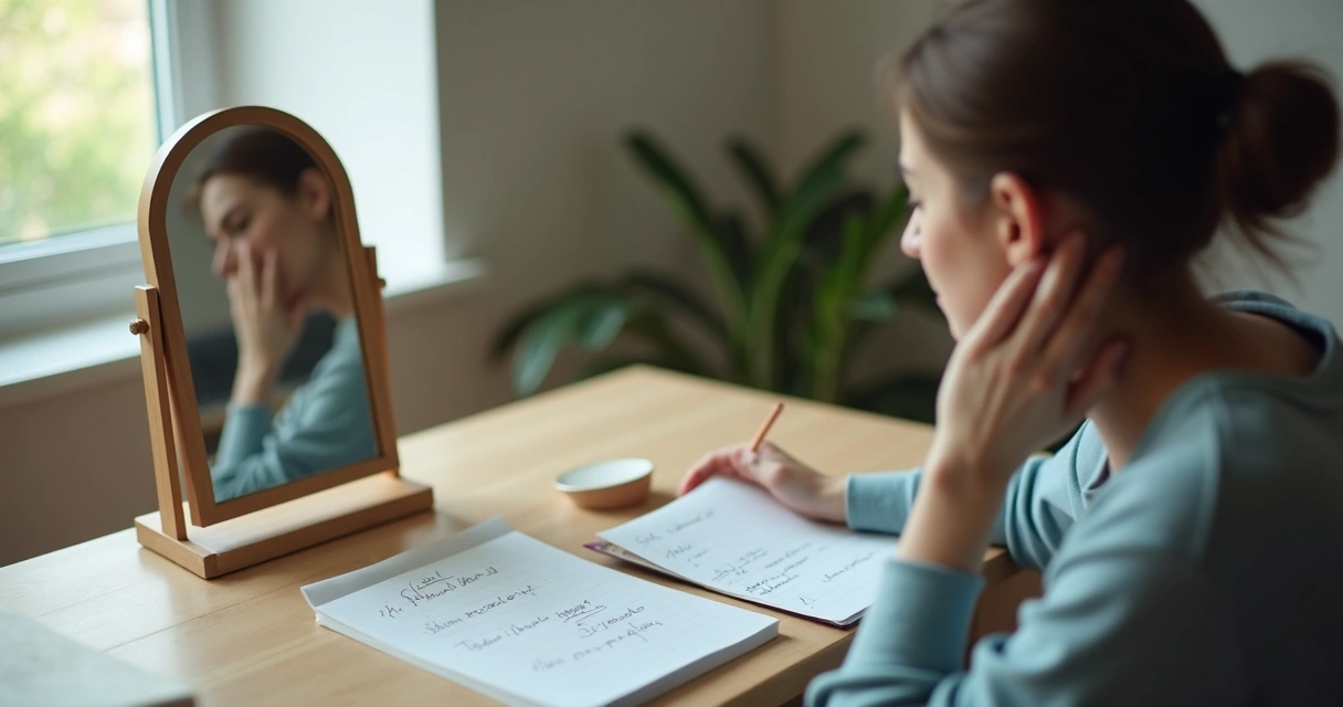 Pessoa olhando o reflexo e comparando resultados em um caderno 