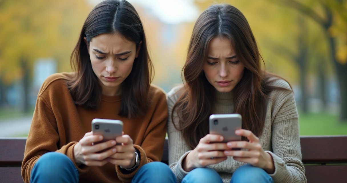 Duas pessoas olhando celulares se comparando em redes sociais, cada uma com semblante de frustração. 