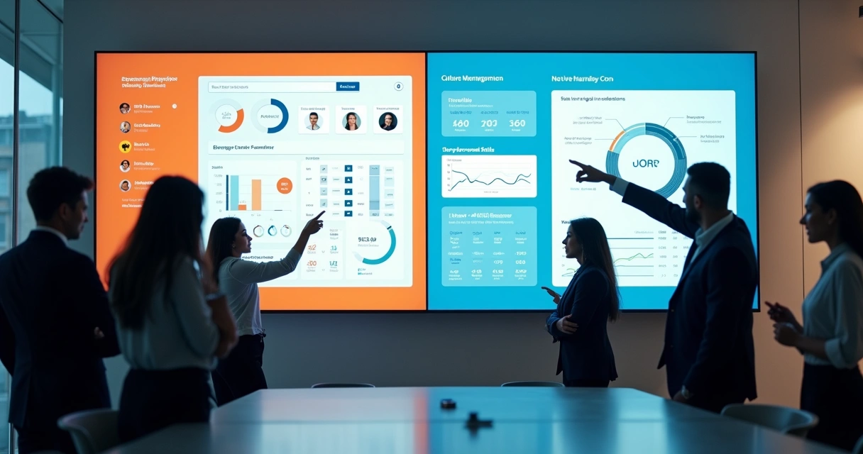 Divisão visual entre plataforma de engajamento e ferramenta de gestão de performance em dashboard corporativo 