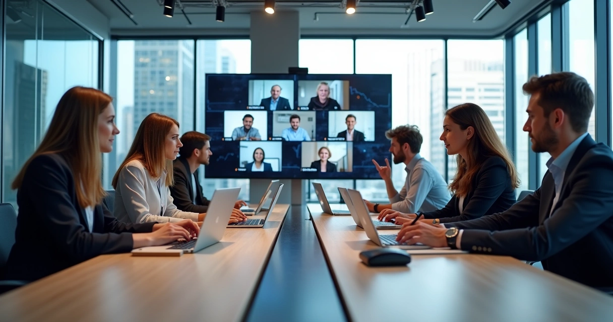 Mesa de reunião moderna com metade da mesa ocupada por profissionais trabalhando em equipe interna e a outra metade por profissionais em videoconferência representando outsourcing de TI, ambiente claro e tecnológico, com laptops, gráficos e anotações 