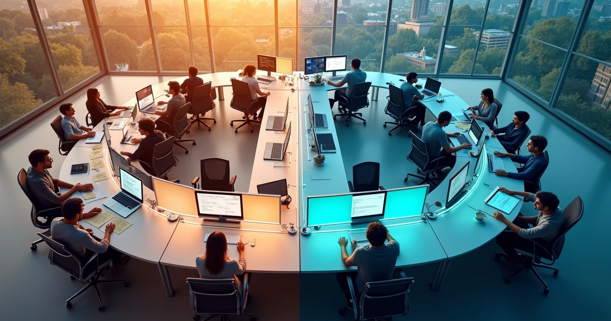 Comparação visual entre equipe focada em feature e equipe focada em componente 