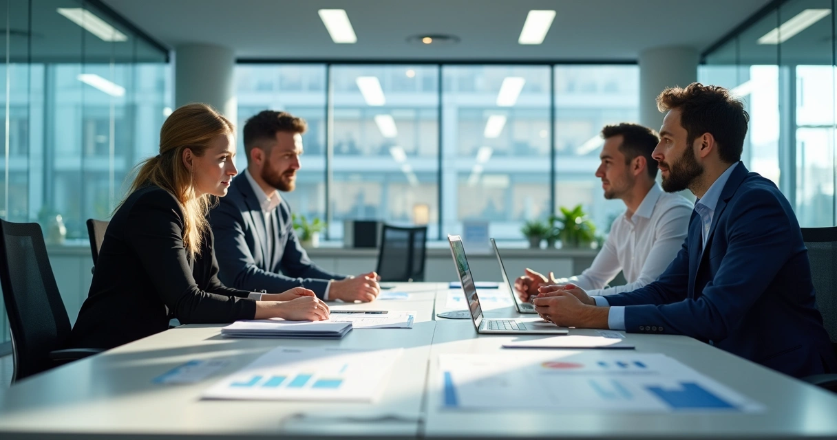 Reunião de equipe analisando gráficos em uma sala de reunião