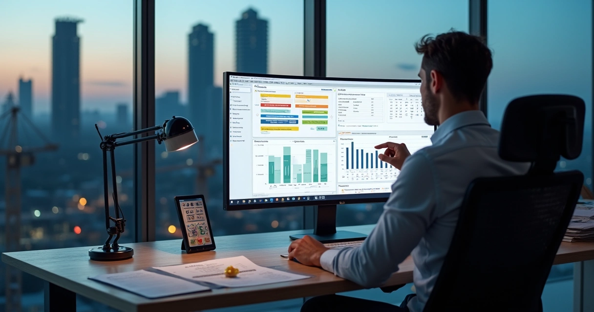 Tela dividida mostrando comparação entre painel confuso e ERP organizado para construtora 