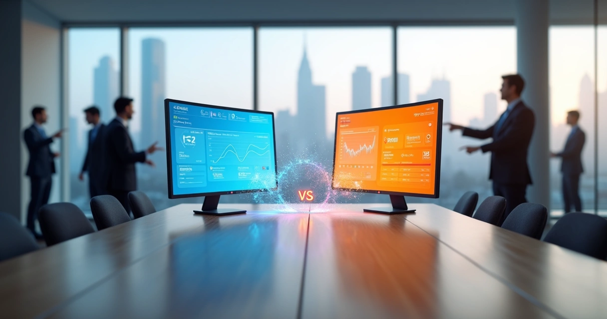 Dois consoles de ERP exibindo comparativo entre Conta Azul e Omie 