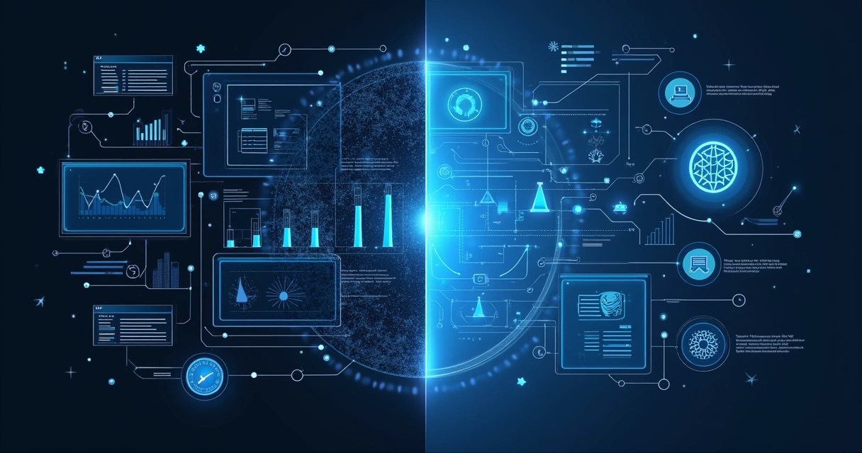 Comparação visual entre sistema ERP tradicional e IA em finanças 