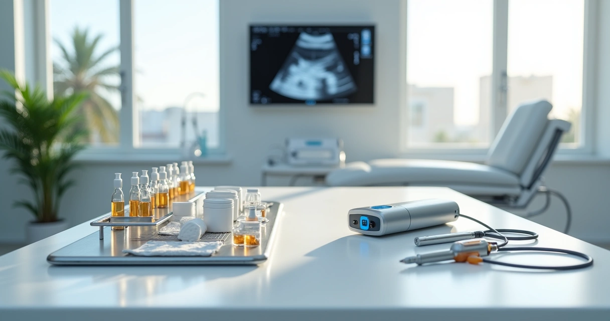 Mesa com equipamentos de escleroterapia e laser para varizes lado a lado 