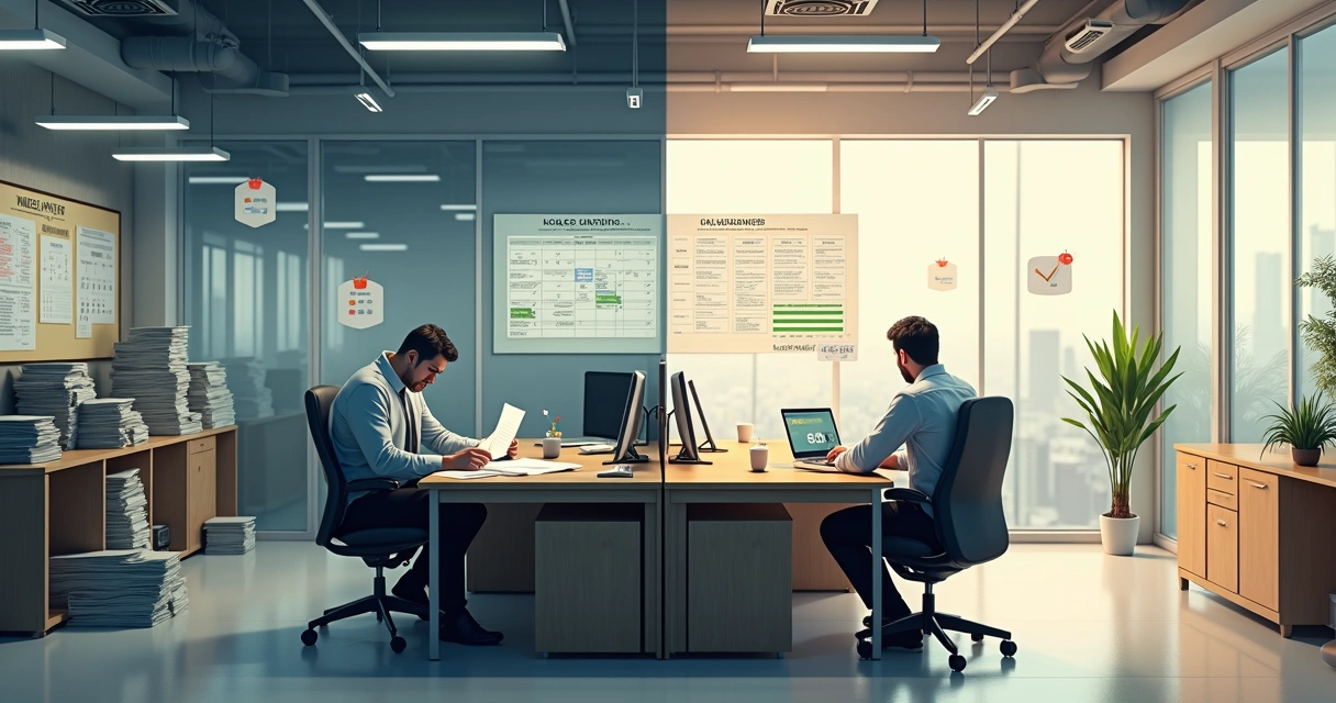 Ilustração dividida comparando escritório fixo tradicional com sala corporativa sob demanda moderna 