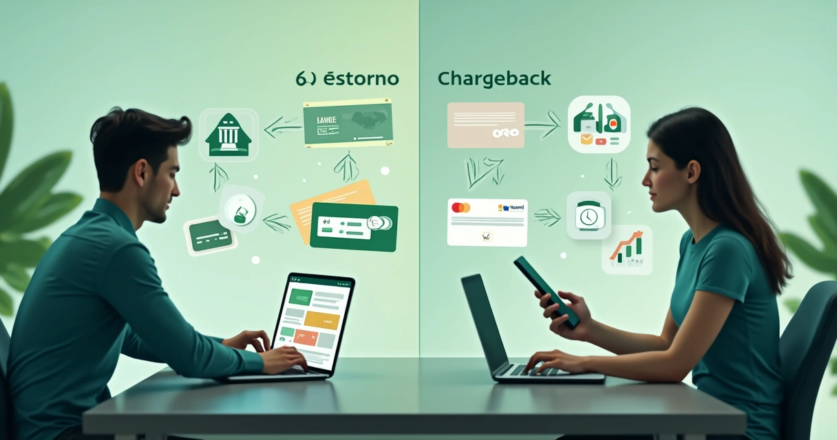 Ilustração comparativa entre estorno e chargeback mostrando processos financeiros distintos com representação de transações digitais e documentos 