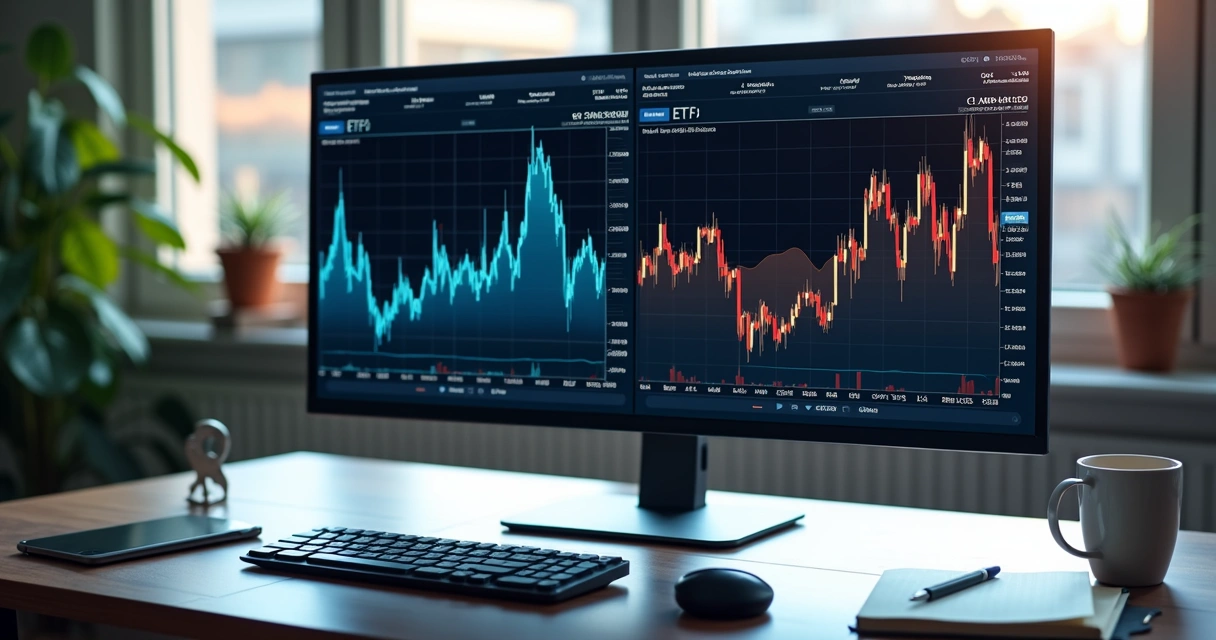 Tela de computador mostrando gráficos financeiros de ETFs e ações lado a lado 