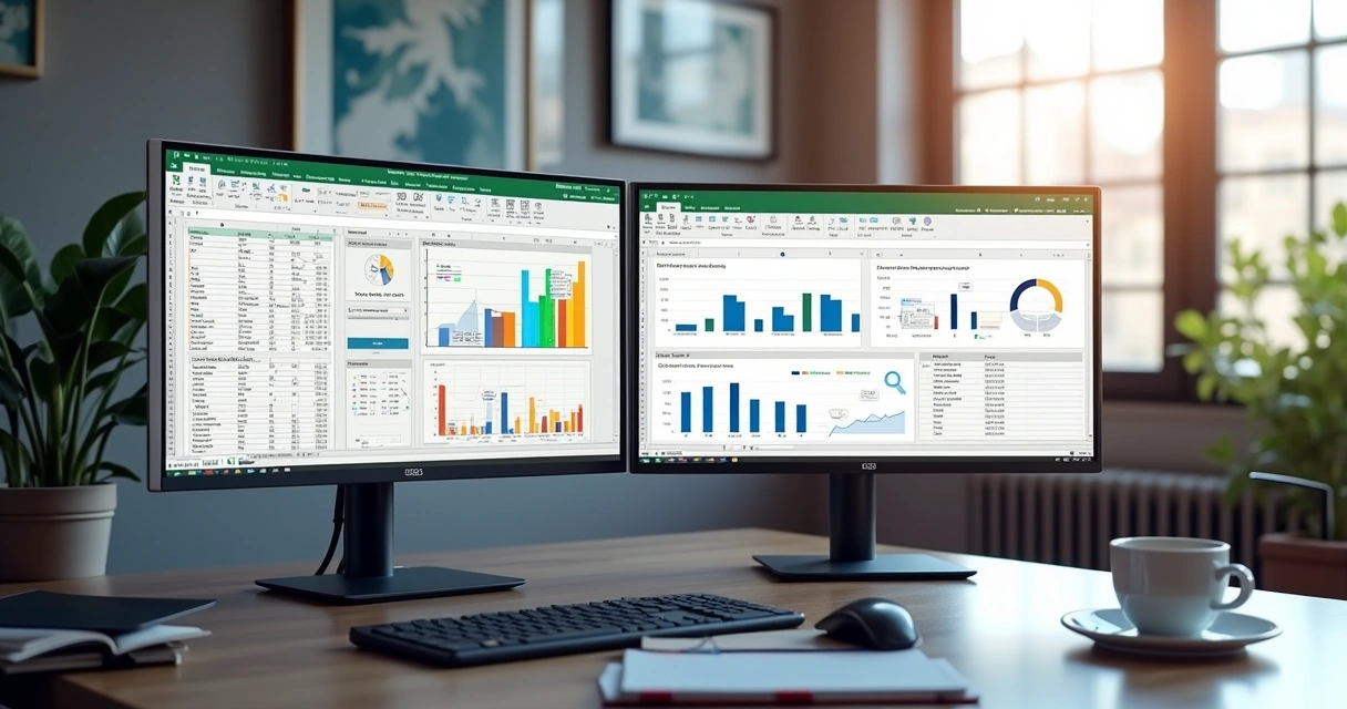 Tela de computador mostrando lado a lado planilhas do Excel e Google Sheets com gráficos e dados corporativos visíveis 