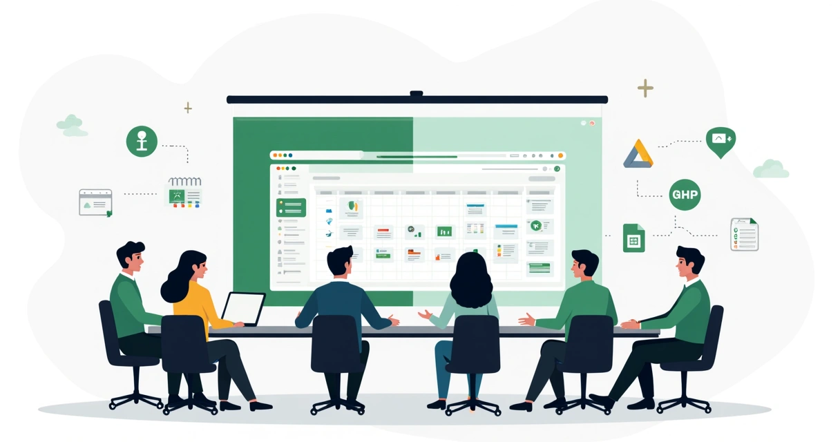 Mesa com equipe avaliando comparação entre Excel e Google Sheets em painel dividido 