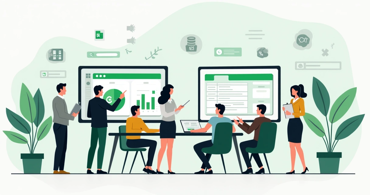 Equipe de escritório comparando Excel e Google Sheets em uma tela dividida 
