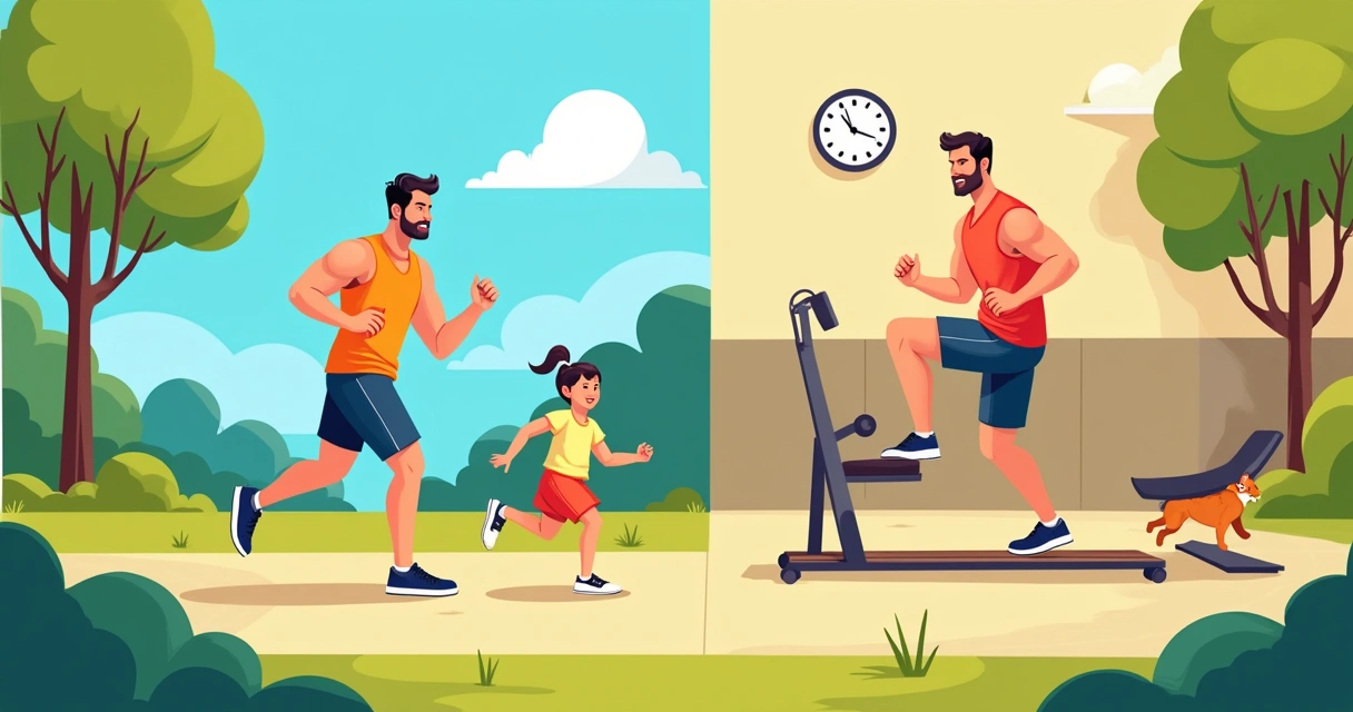 Ilustração comparativa de exercícios funcionais no parque e treino isolado na academia, destacando a alegria e a energia.