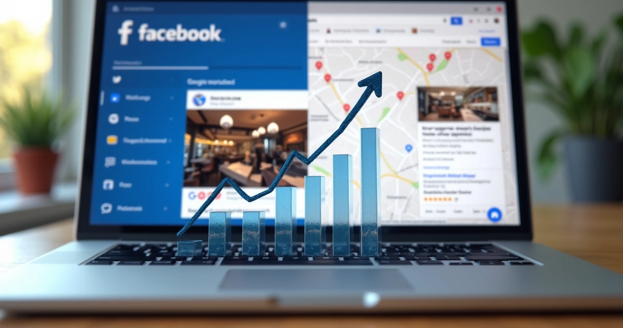 Tela dividida comparando anúncios de Facebook e Google para negócios locais 