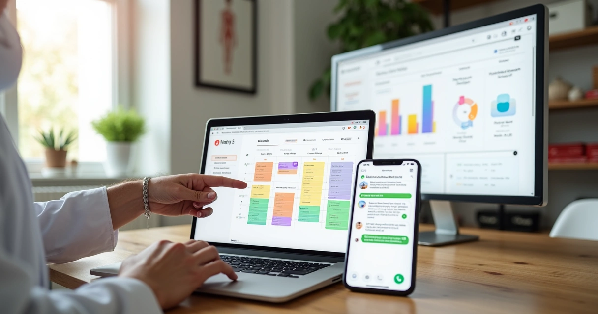 Nutricionista comparando ferramentas de agendamento em tela com calendário e ícones de apps 