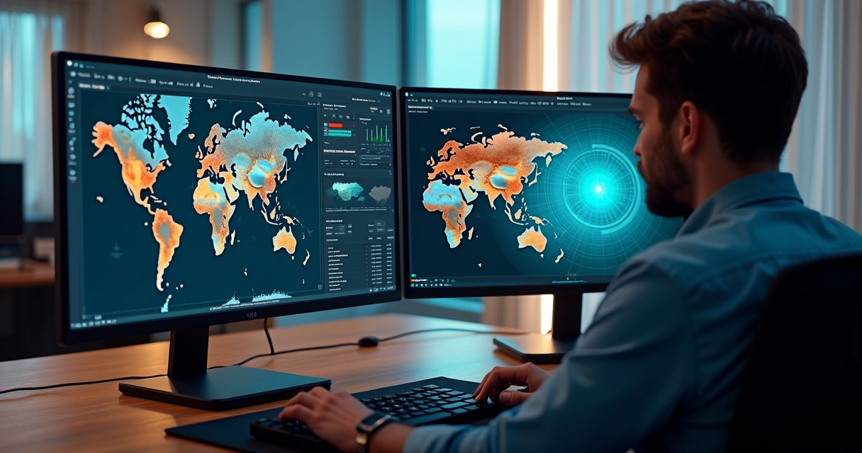 Dois computadores mostrando interfaces diferentes para análise de editais de leilão de imóveis, um com layout simples e outro com visual completo e detalhado 