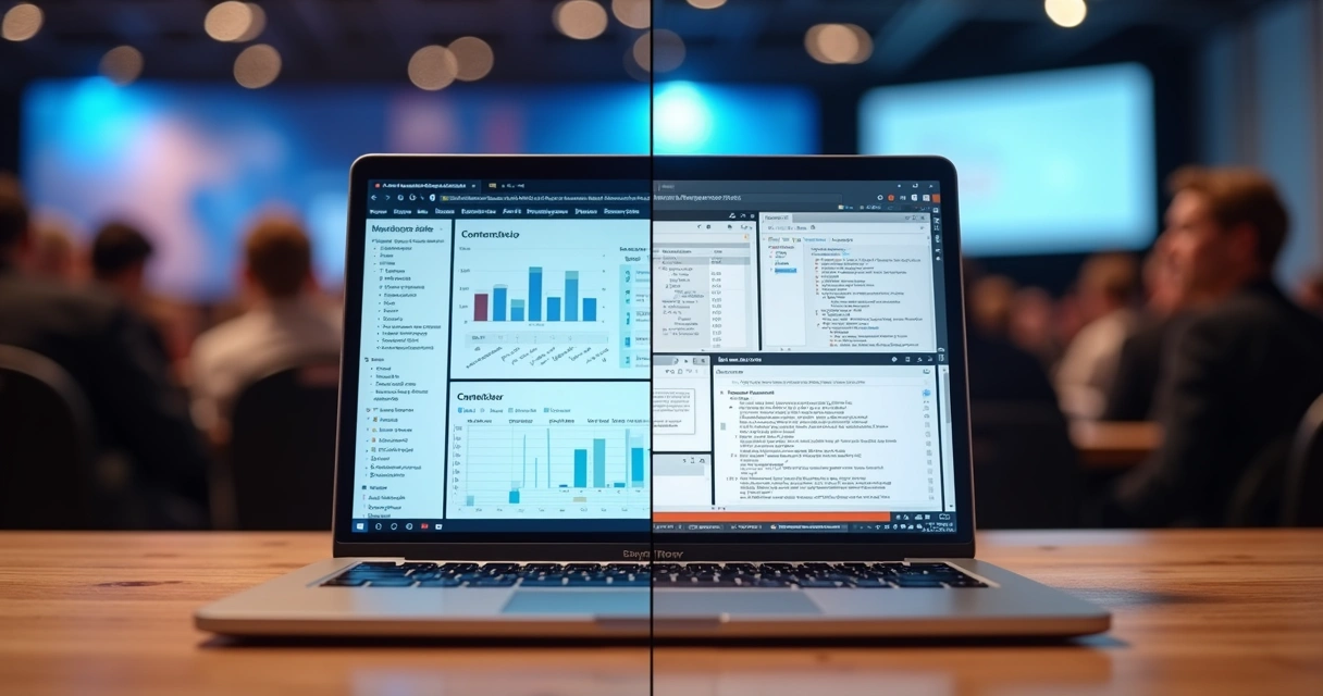 Mesa com laptop aberto mostrando sistema sob medida contra notebook com ferramentas improvisadas em ambiente de evento 