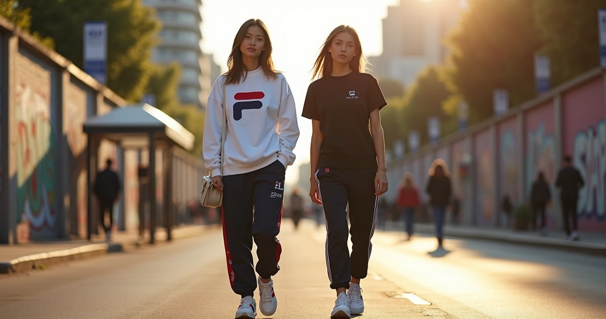 Duas mulheres em avenida urbana vestindo looks esportivos da Fila e Kappa lado a lado 