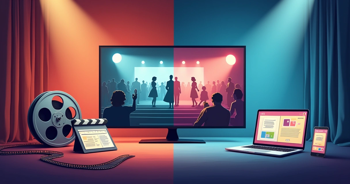 Ilustração comparando filme clássico em película e filme atual em streaming lado a lado 