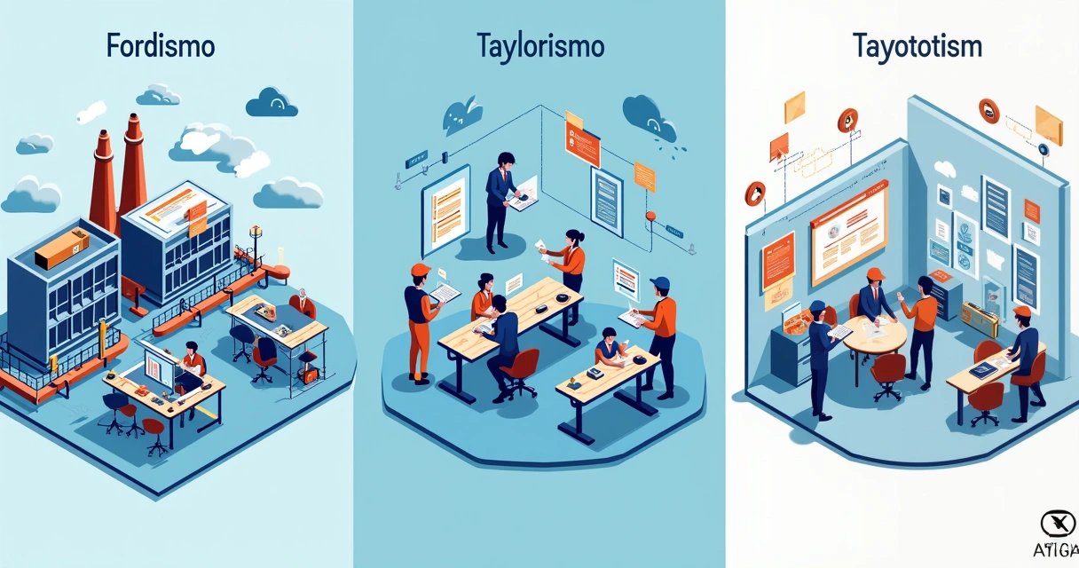 Comparação entre Fordismo, Taylorismo e Toyotismo com fábricas e gráficos em cores vibrantes.