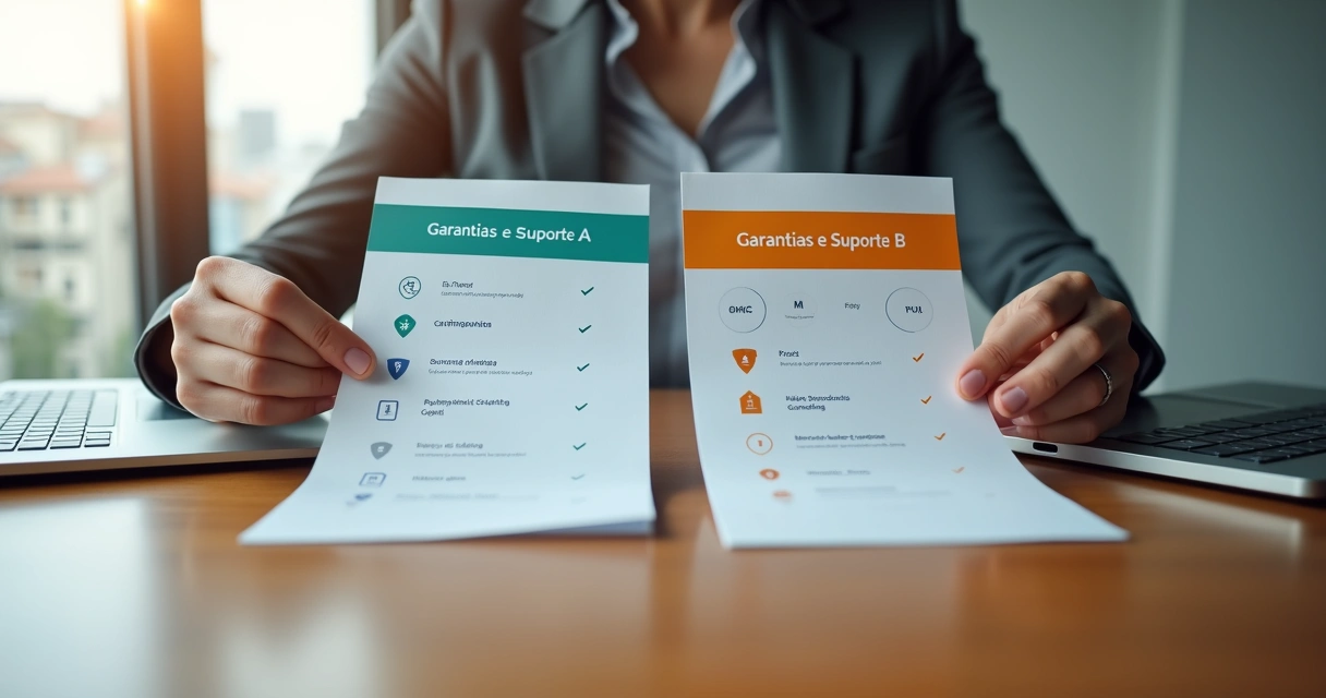 Empreendedor em mesa comparando duas propostas de suporte digital lado a lado 