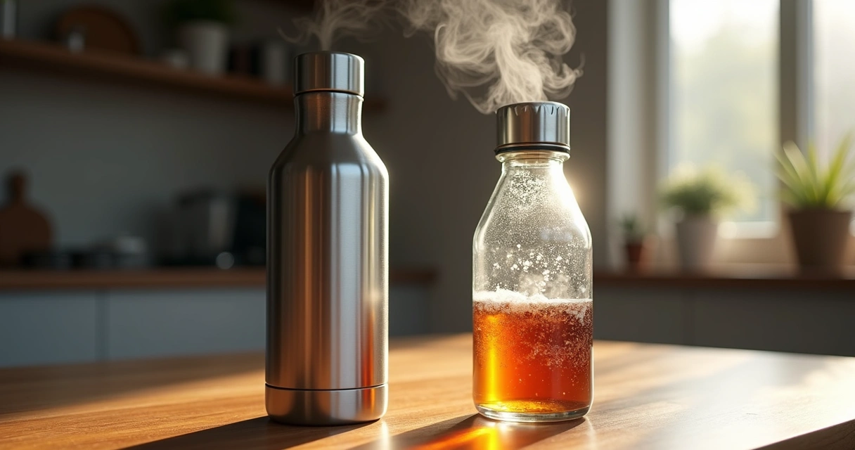 Garrafa térmica de inox ao lado de uma garrafa térmica de vidro, ambas em uma mesa de madeira 