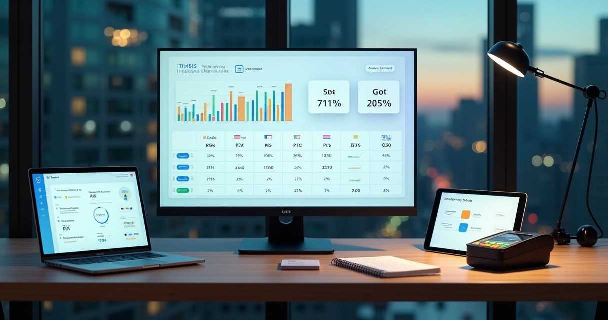 Painel digital comparando gateways de pagamento com gráficos e ícones de métodos como cartão e Pix 