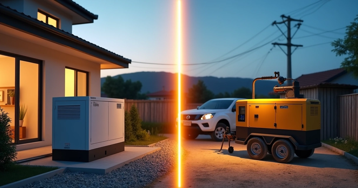 Comparação visual entre gerador standby fixo e gerador portátil lado a lado 