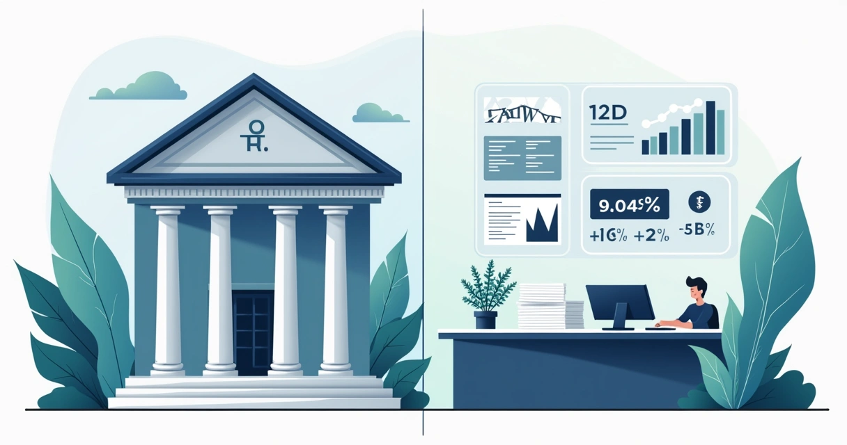 Comparação visual entre gestora independente e grande banco mostrando tabelas de taxas e variedade de produtos 