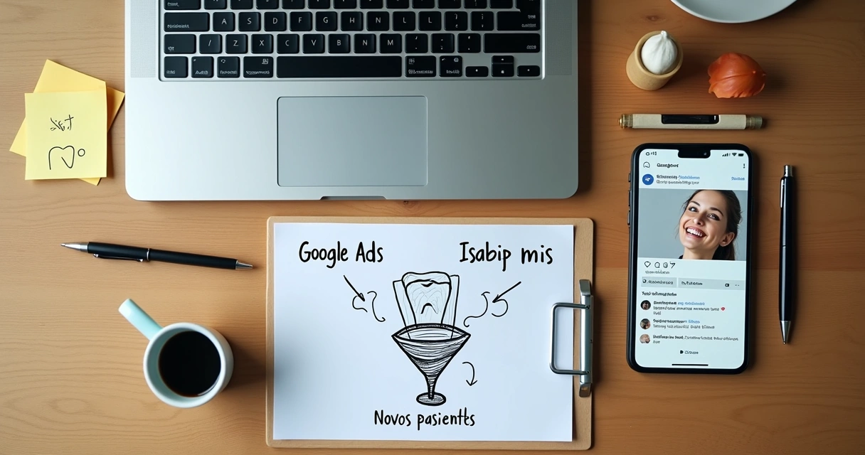 Tela dividida comparando anúncios do Google e Instagram para clínica odontológica 