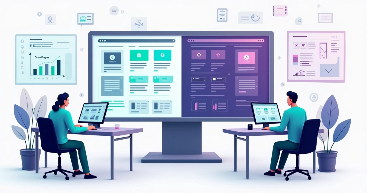 Equipe de agência comparando GreatPages e Framer em painel digital dividindo velocidade e eficiência 