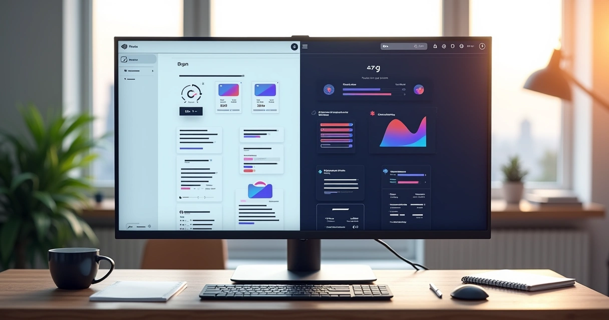 Tela dividida comparando criação de landing pages no GreatPages e Framer em ambiente profissional 