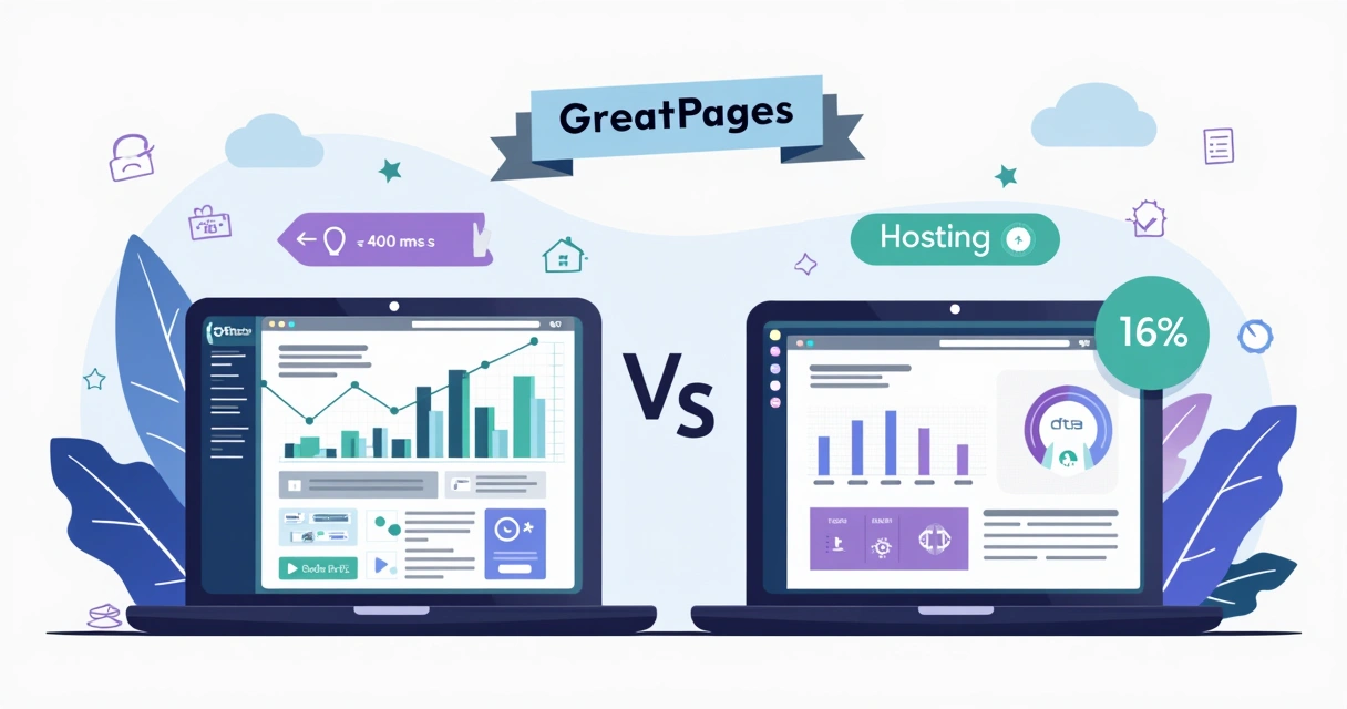 Ilustração comparando GreatPages e Hostinger com destaque para desempenho e resultados em marketing digital 
