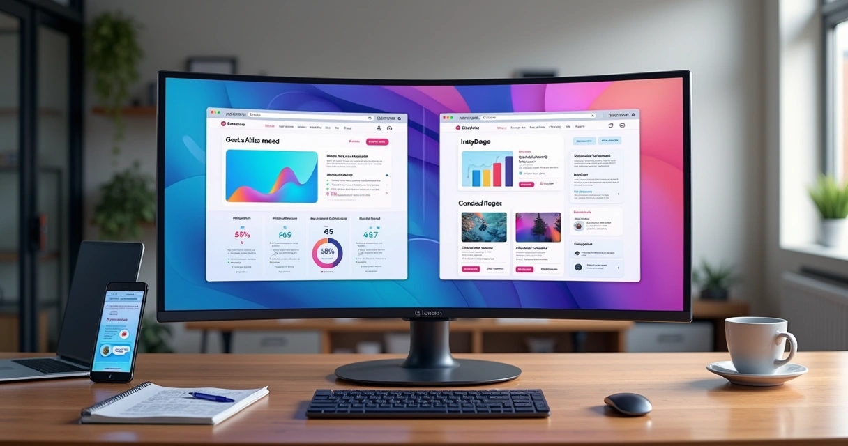 Tela dividida comparando GreatPages e Instapage para criação de landing pages de marketing digital 